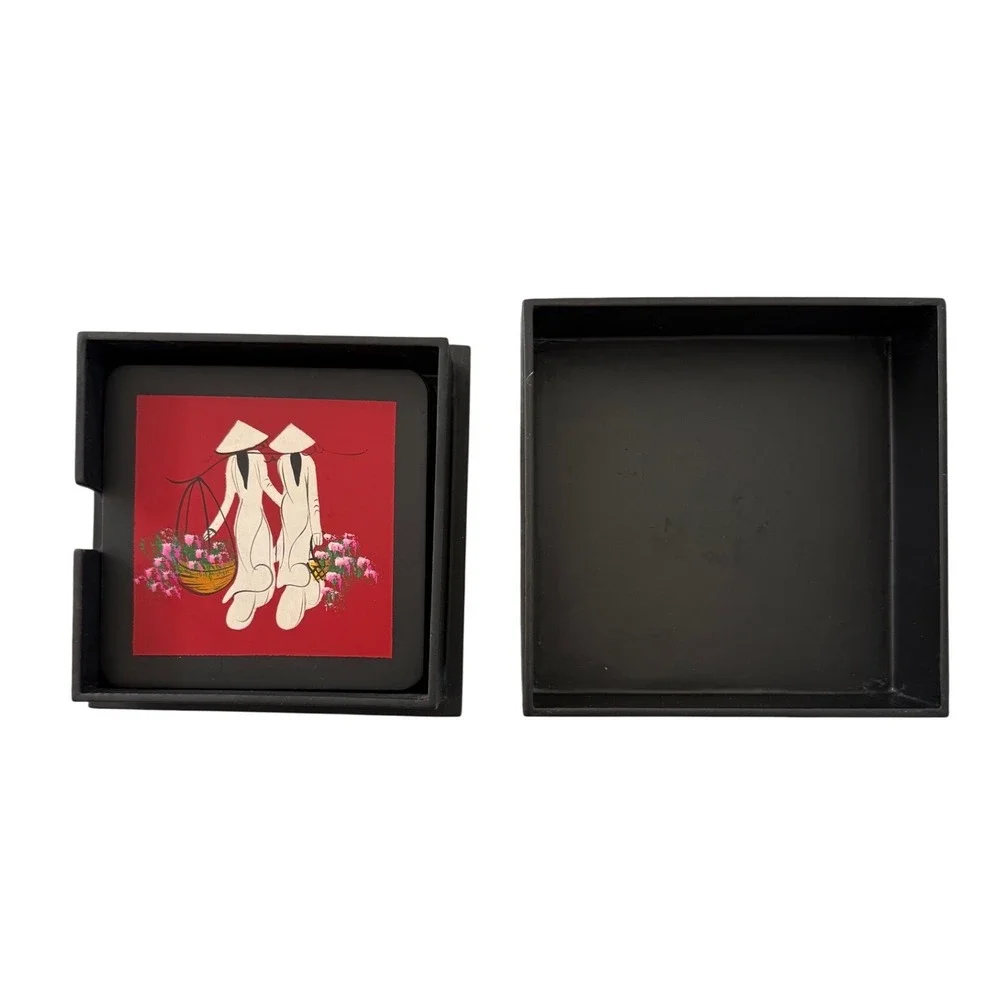 Vintage‎ Vietnamese Lacquer Coaster Set w/ Box – Hand-Painted Áo Dài Art